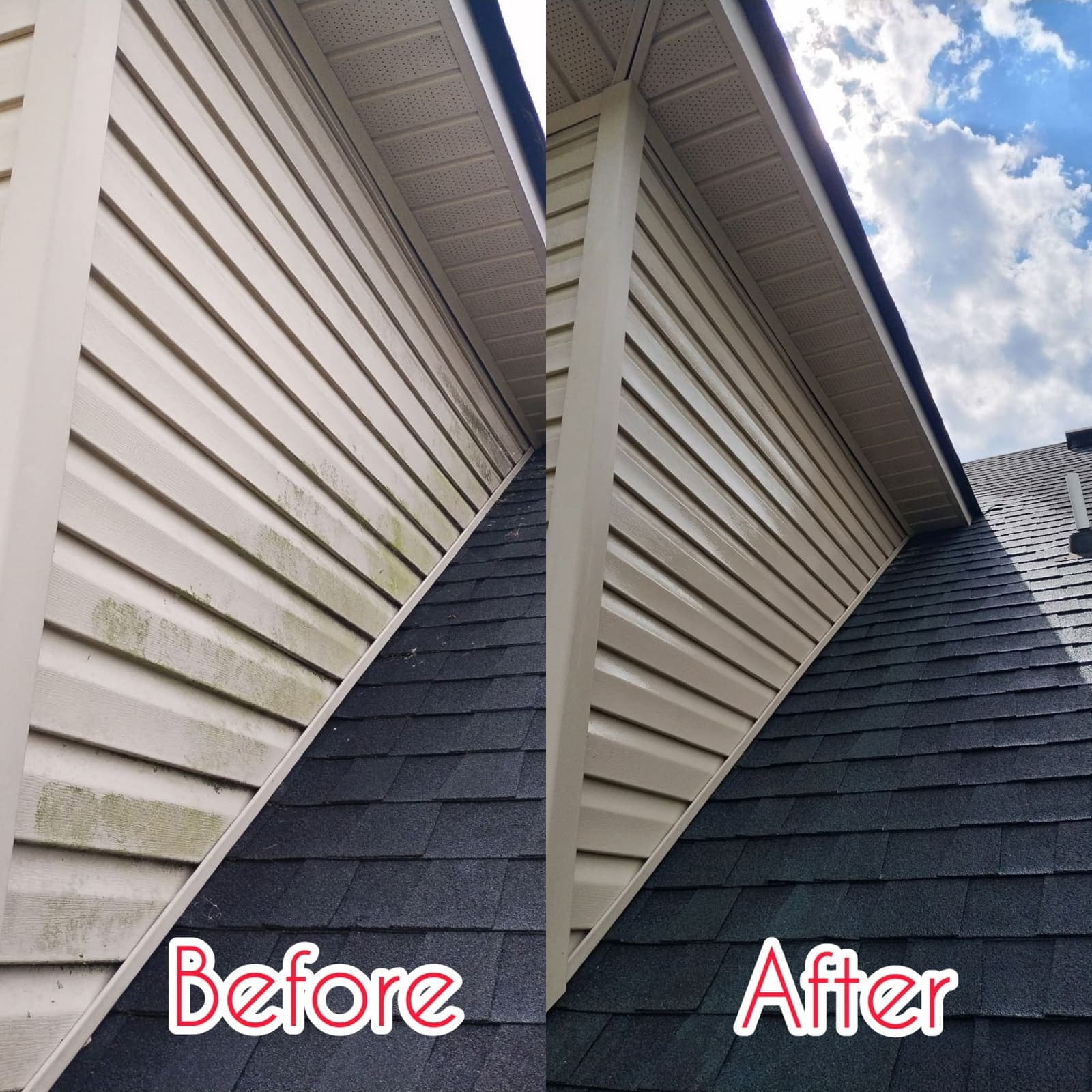 Vinyl siding with green algae before soft washing and clean siding after soft washing