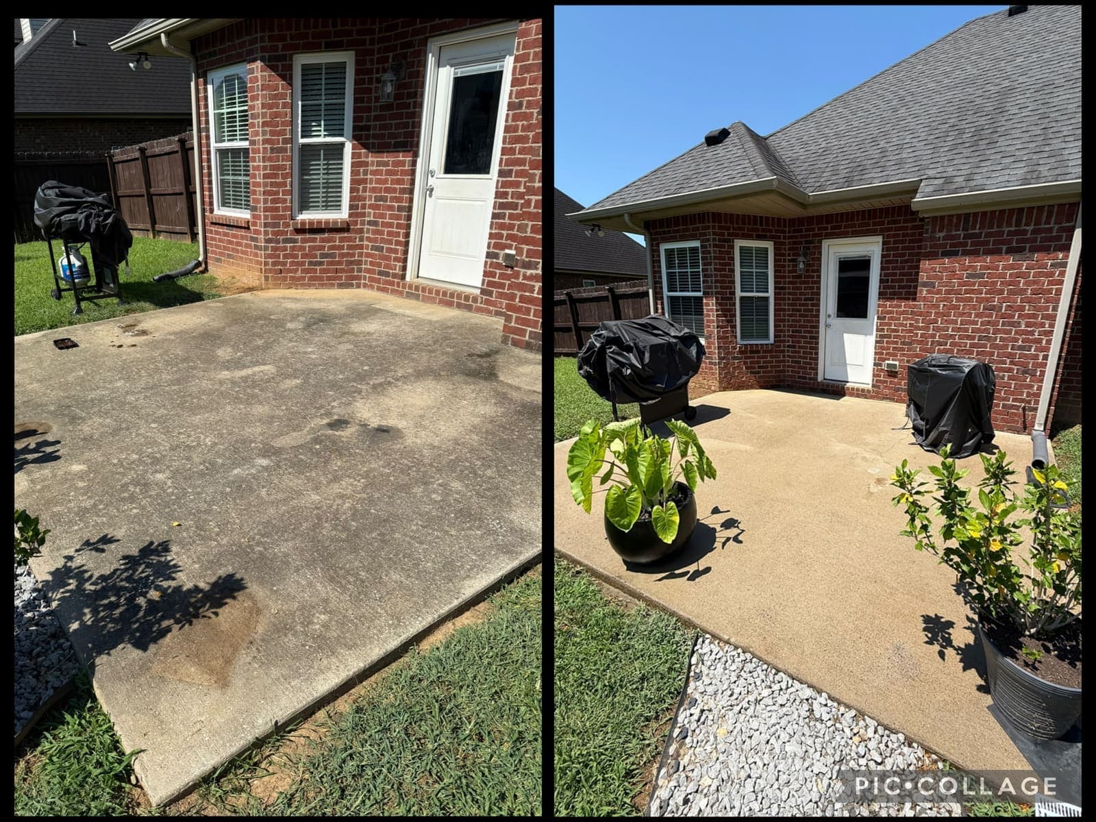 Stained concrete patio before pressure washing and clean patio after pressure washing