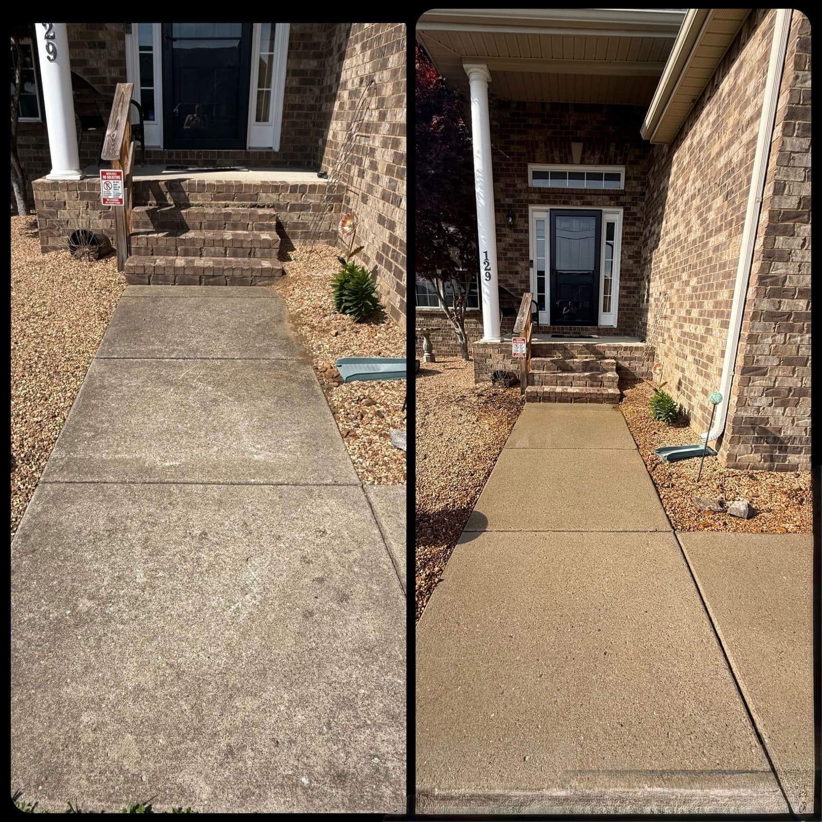 Dirty concrete front walkway before pressure washing and clean walkway after pressure washing