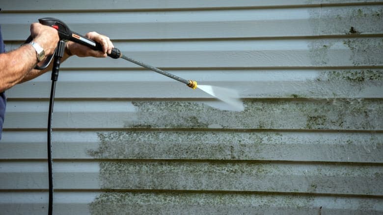 Technician soft washing algae off vinyl house siding