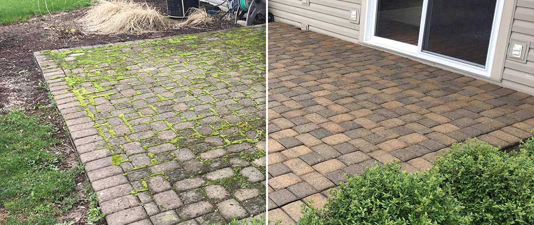 Moss-covered cobblestone patio before pressure washing and clean pavers after
